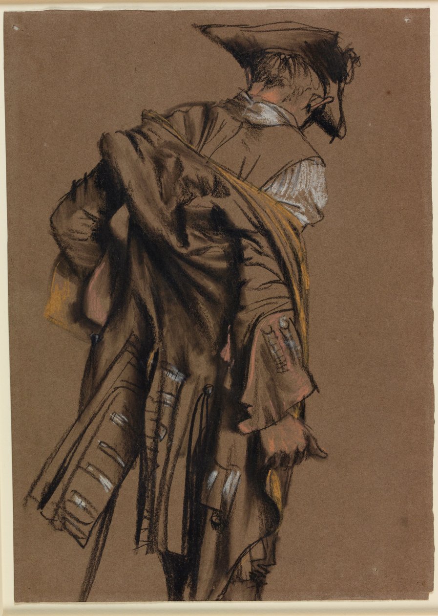 Taiteilijan malli, takaapäin katsottuna, pukemassa päälleen 1700-luvun univormua. tekijältä Adolph Menzel