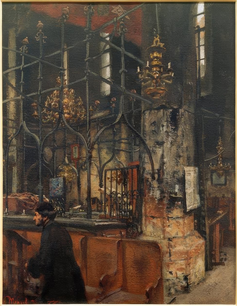 Prahan vanhan uuden synagogan sisätilat tekijältä Adolph Menzel