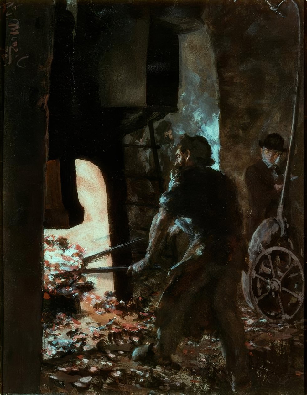 Omakuva työntekijän kanssa höyryvasaralla tekijältä Adolph Menzel