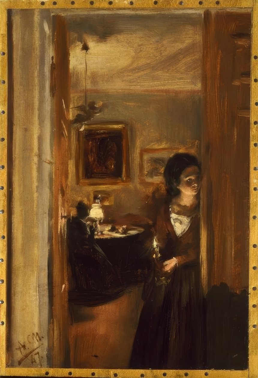 Wohnzimmer mit Menzels Schwester tekijältä Adolph Menzel