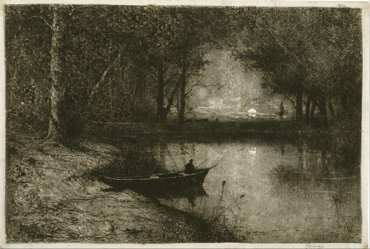 Kalastaja soutuveneessä, joen reunalla tekijältä Adolphe Appian