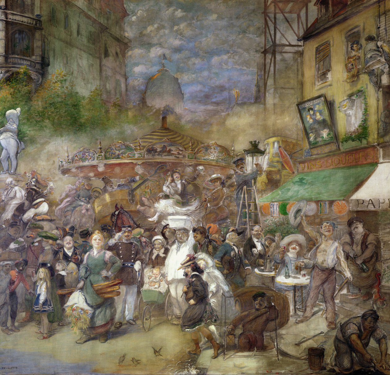 Koristeellinen paneeli, joka kuvaa Pariisia, Salon de la Commission du Personnel -tapahtumaa. tekijältä Adolphe Leon Willette