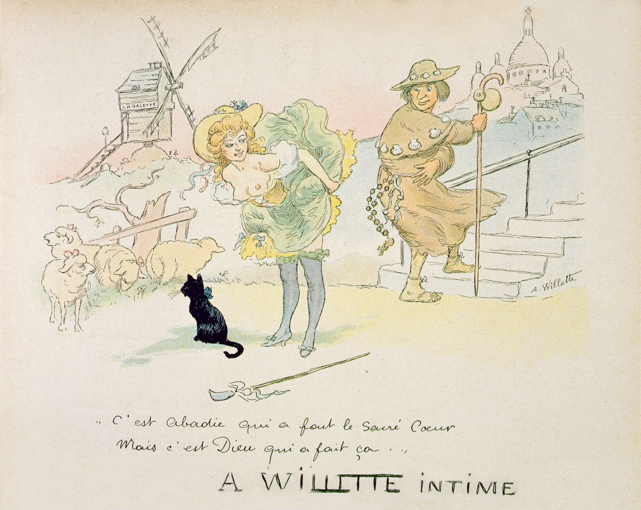 "Abadie teki Sacre-Coeurin, mutta Jumala loi tämän!", julkaistiin Paris n. 1895-1896 tekijältä Adolphe Leon Willette