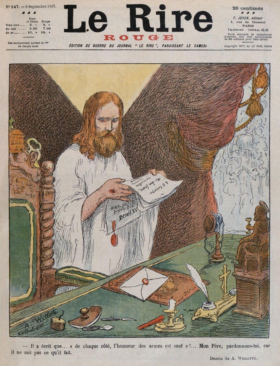 Jeesus Kristus lukee paavi Benedictus XV:n rauhansuunnitelmaa, etukannen kuva Le Rire Rougesta, 8. syyskuuta 1917 tekijältä Adolphe Leon Willette