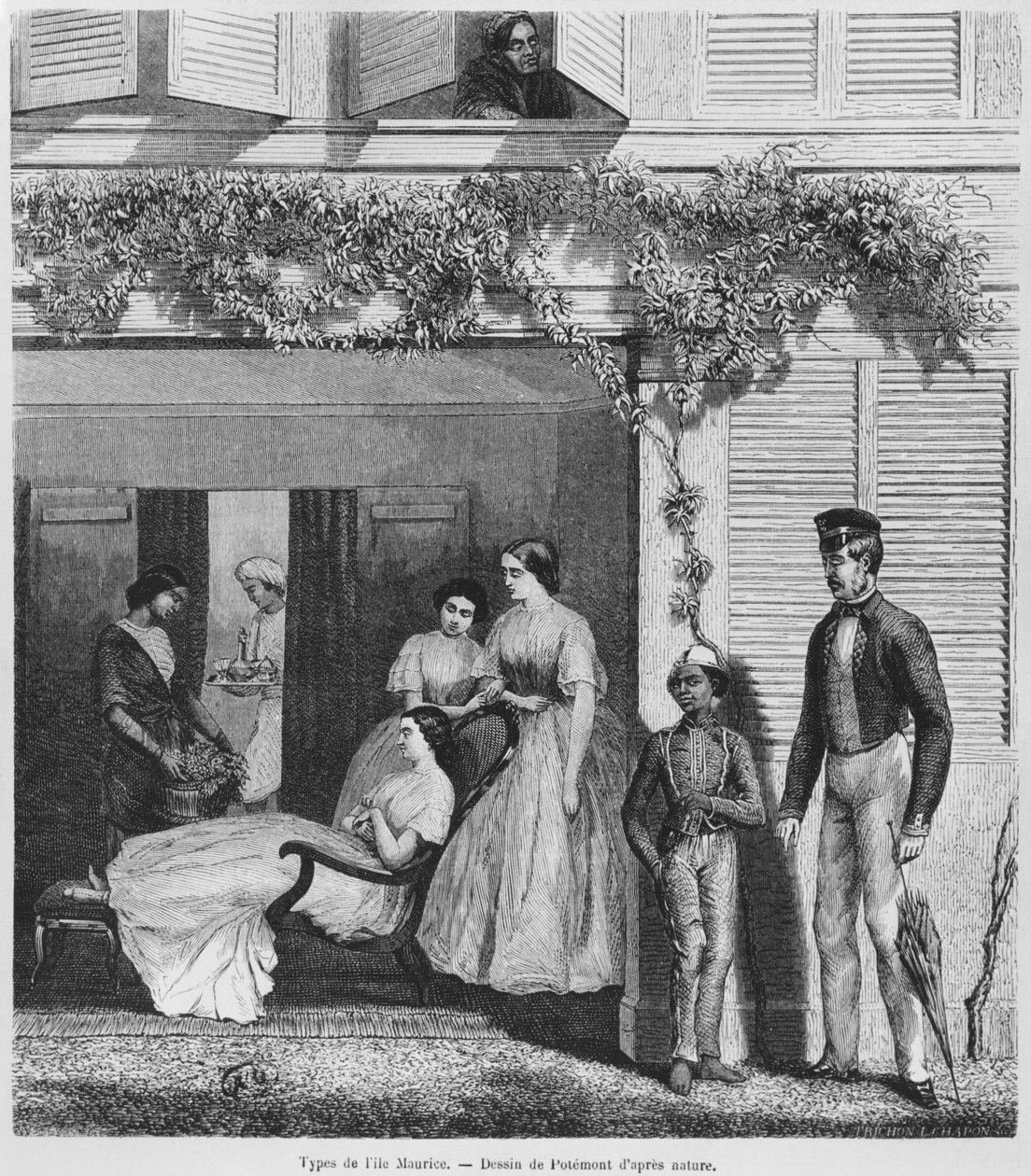 Eurooppalaiset ja Mauritiuksen asukkaat, n. 1857 (bw-kaiverrus) tekijältä Adolphe Martial Potemont