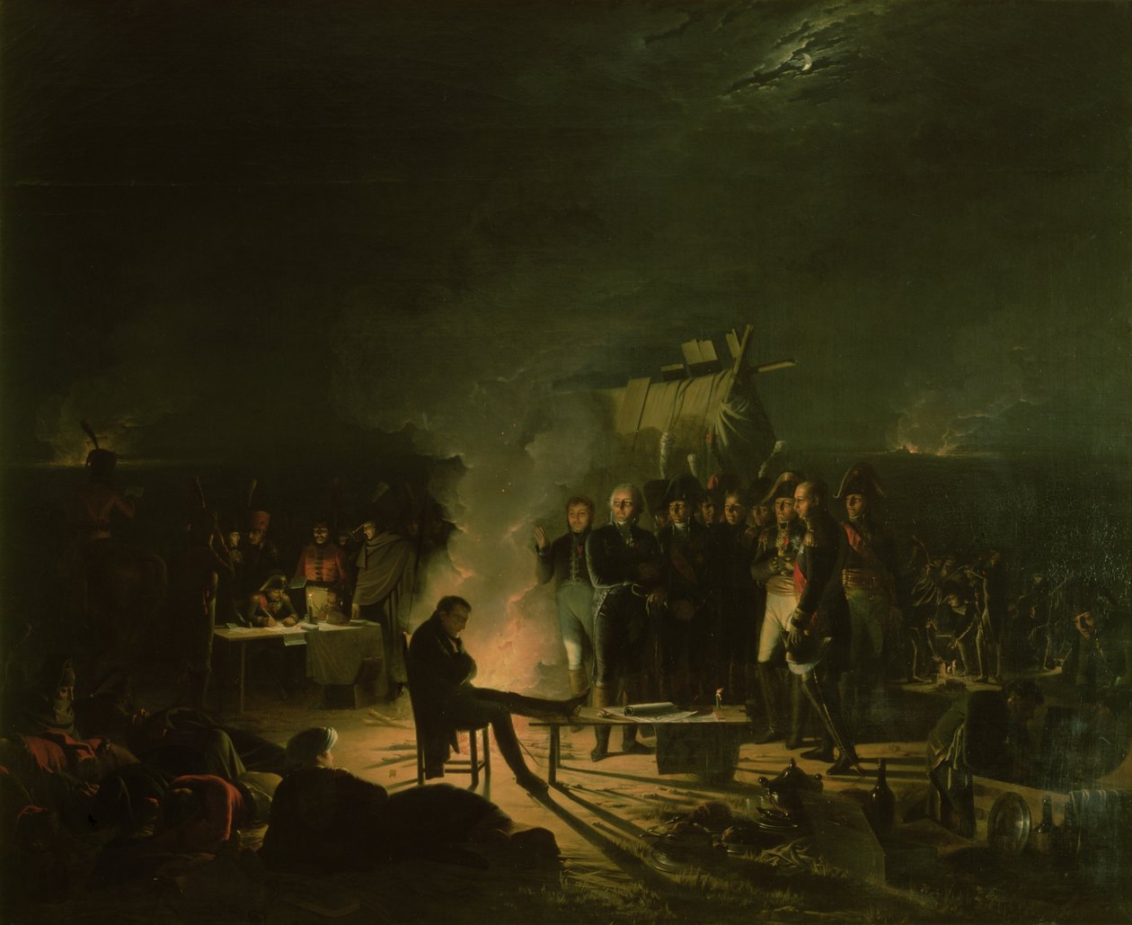 Napoleon I:n (1769-1821) biwakki Wagramin taistelun taistelukentällä 5.-6. heinäkuuta 1809, 1810. tekijältä Adolphe Roehn