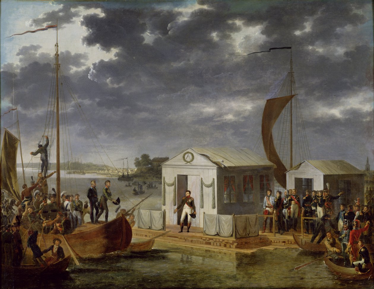 Venäjän Napoleon Bonaparten (1769-1821) ja Aleksanteri I:n (1777-1825) tapaaminen Niemenissä, 25. kesäkuuta 1807, 1808 tekijältä Adolphe Roehn