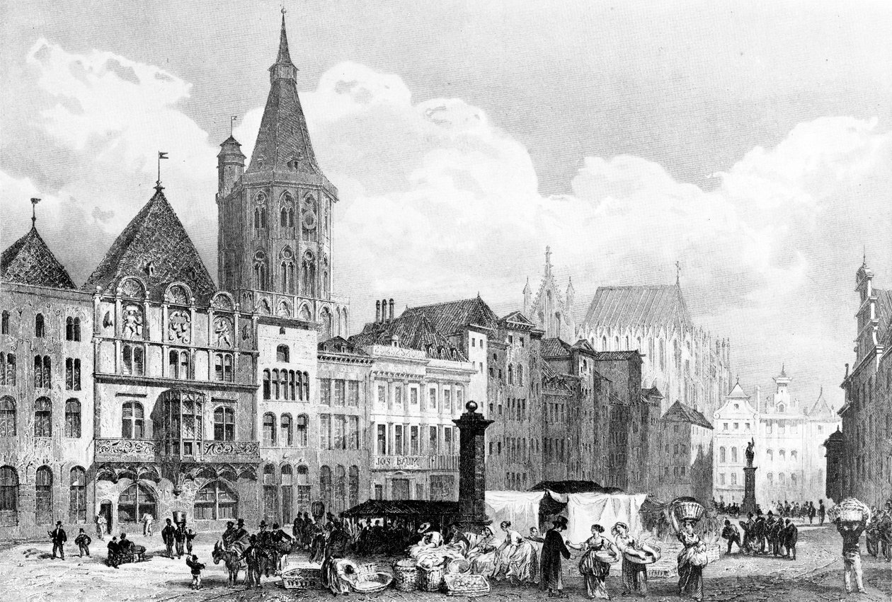 Alter Markt (Köln) mit Rathaus und Rathausturm. Im Hintergrund der noch unvollendete Kölner Dom tekijältä Adolphe Rouargue