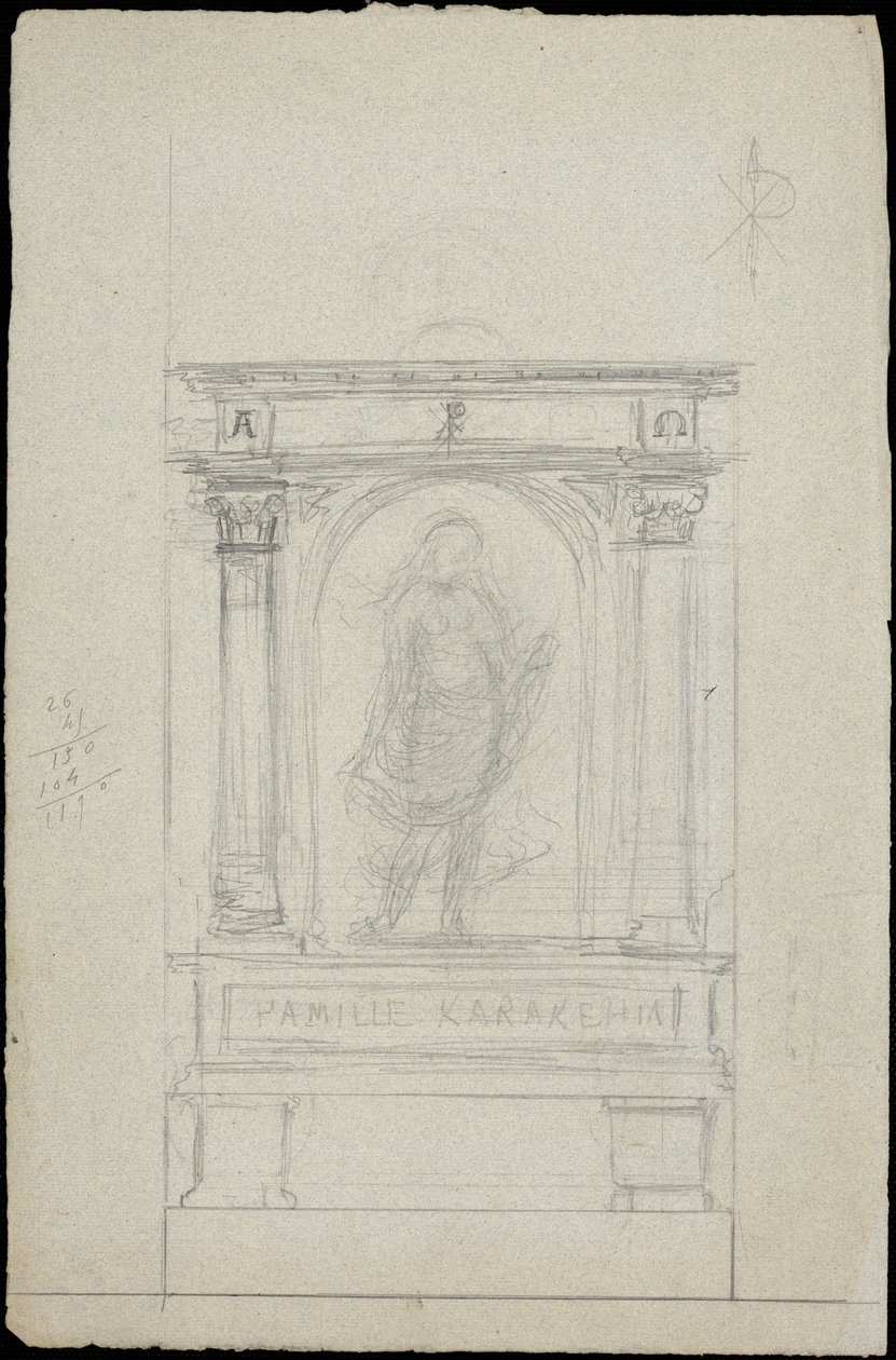 Luonnos Karakehian perheen haudasta Père Lachaise -hautausmaalla Pariisissa. tekijältä Adolphe Victor Geoffroy Dechaume