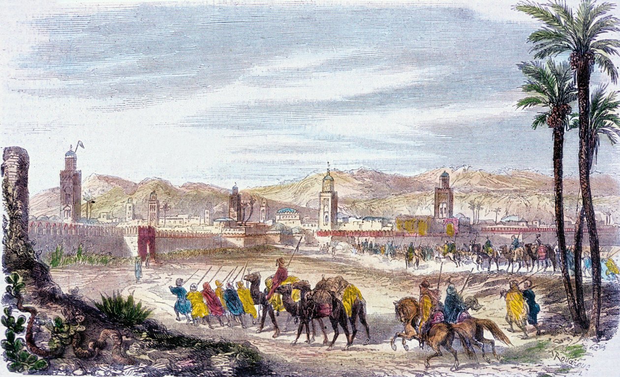 Marrakech, Marokko (värillinen kaiverrus) tekijältä Adolphe (after) Rouargue