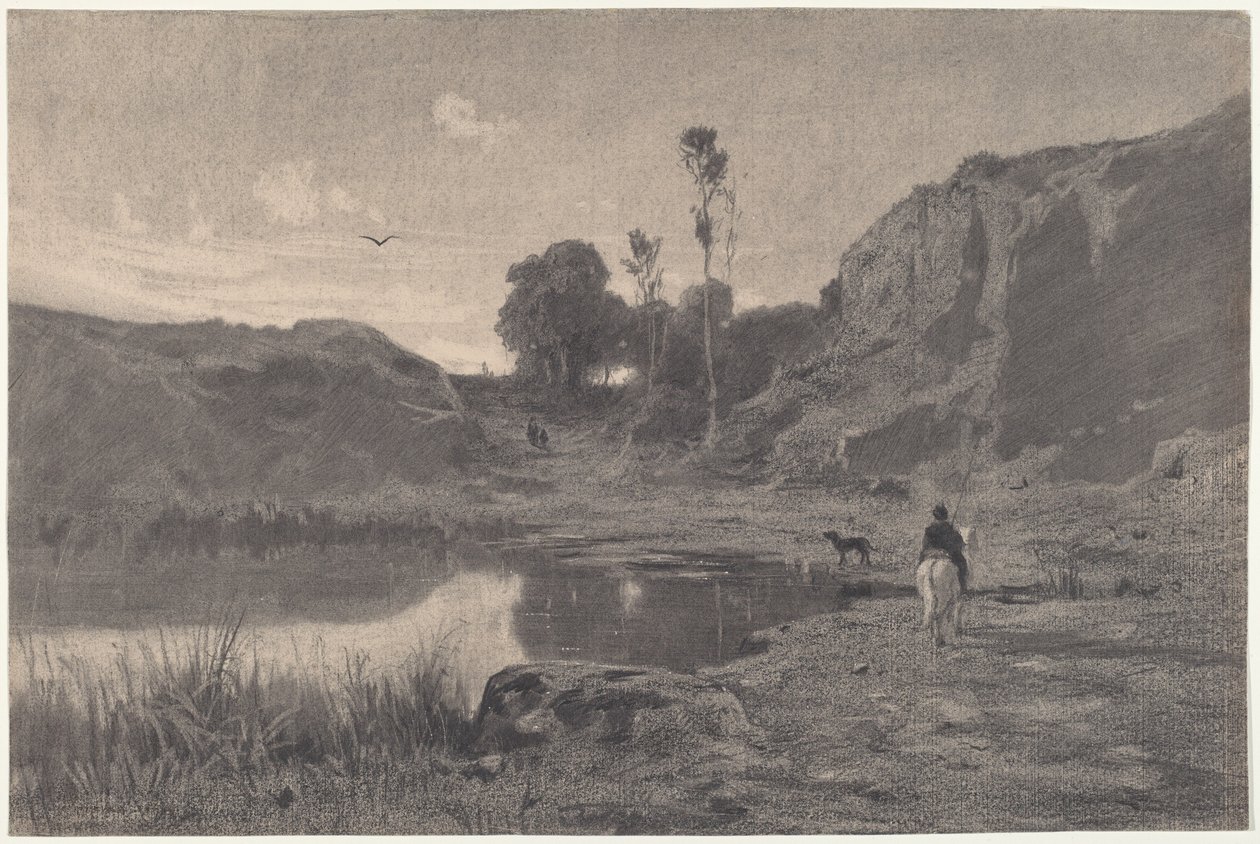 Ratsastaja vuoristolammen rannalla auringonlaskun aikaan tekijältä Adolphe Appian