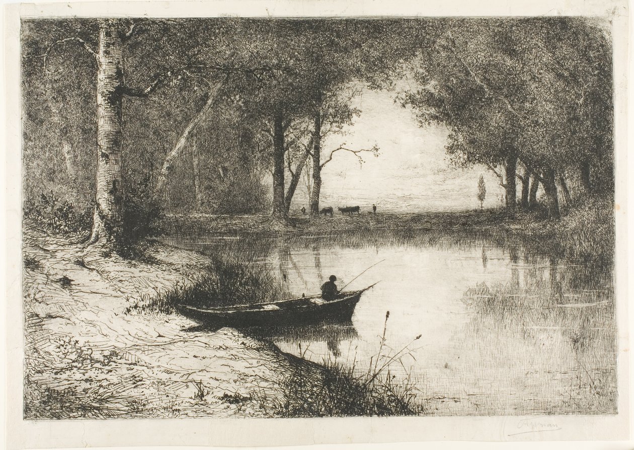 Kalastaja veneessä joenvarrella tekijältä Adolphe Appian
