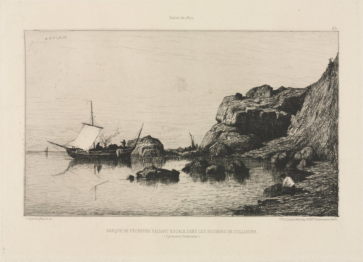 Kalastusvene saapumassa Colliouren kallioille, 1878. tekijältä Adolphe Appian