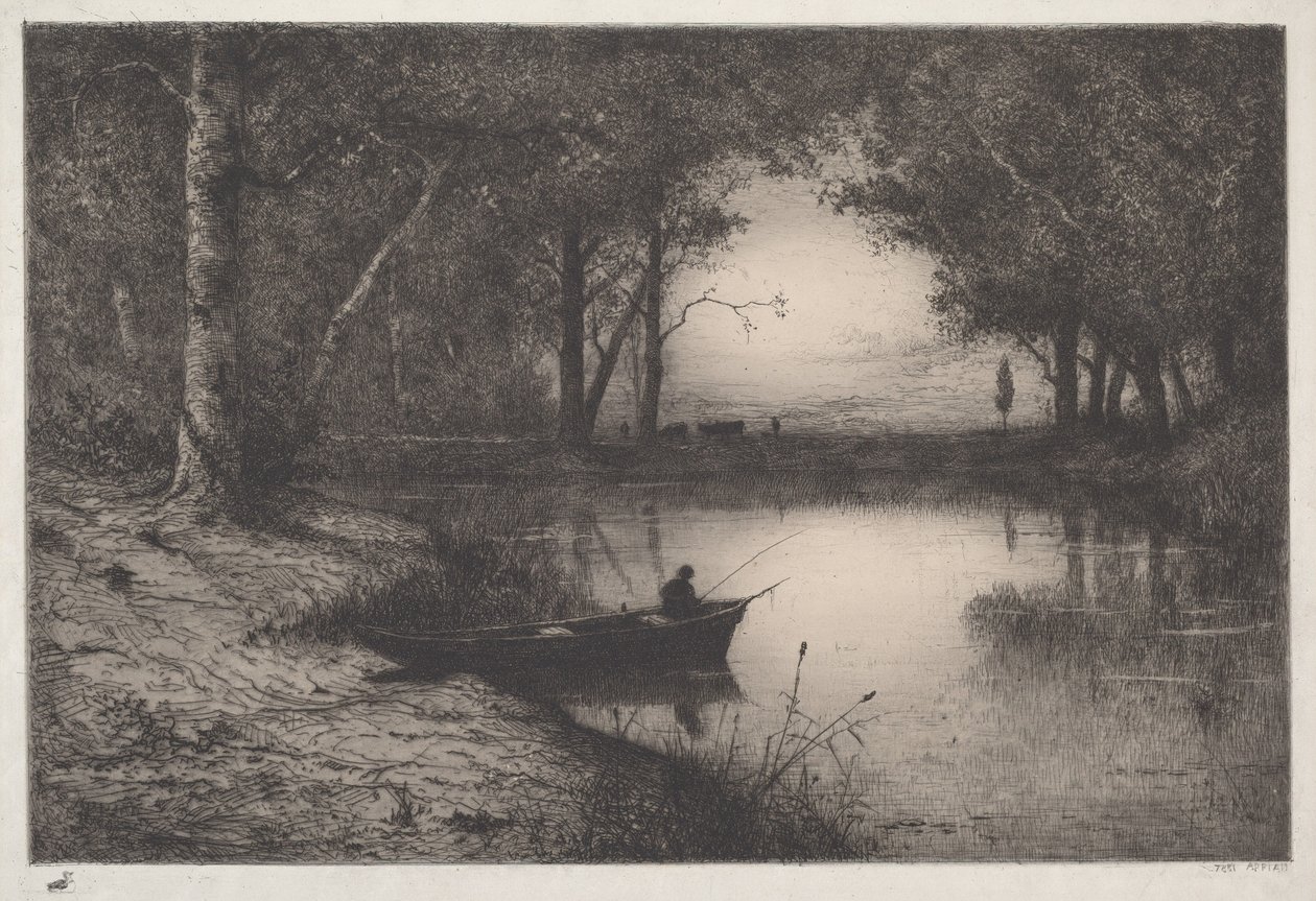 Kalastaja kanootissa joen rannalla tekijältä Adolphe Appian