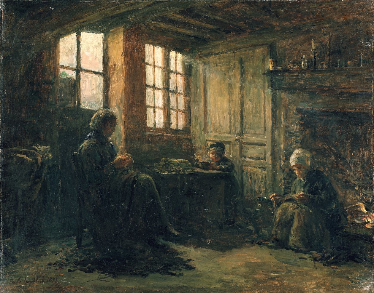 Naiset ruskeutuvat liinavaatteet, Honfleur, 1877 tekijältä Adolphe Felix Cals