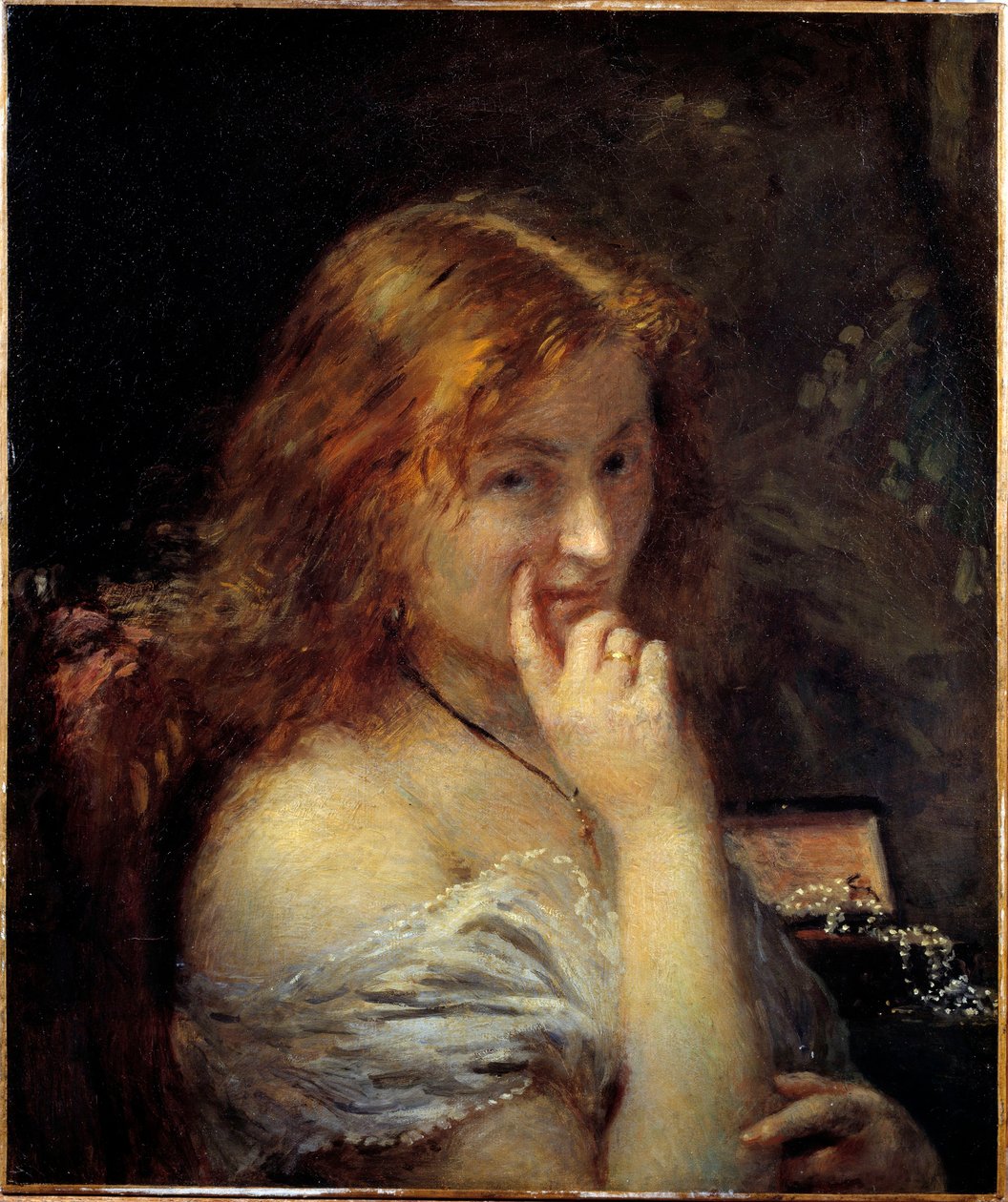 Nuorella naisella on wc-maalaus, kirjoittanut Adolphe Cals (1810-1880) 1876 su. 0,55x0,45 m Pariisi, musee d