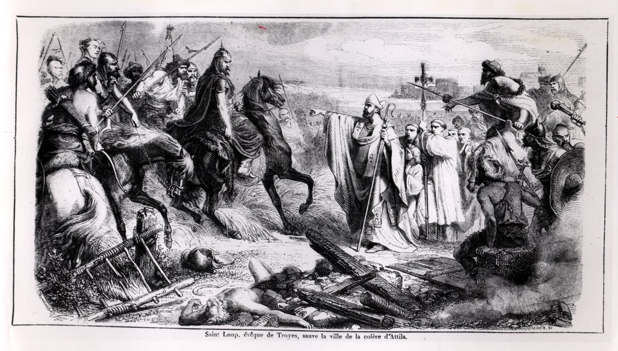 St. Loup puolustamassa Troyesin kaupunkia Attila Hunia (n. 406-453) vastaan hevosella, kuvitus Ranskan historiasta, 1800-luvun toinen puoli (bw kuva) tekijältä Adolphe Francois Pannemaker