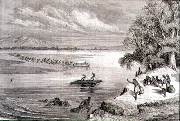 Colorado-joen ylittäminen 1860-luvulla (kaiverrus) tekijältä Adolphe Gusman