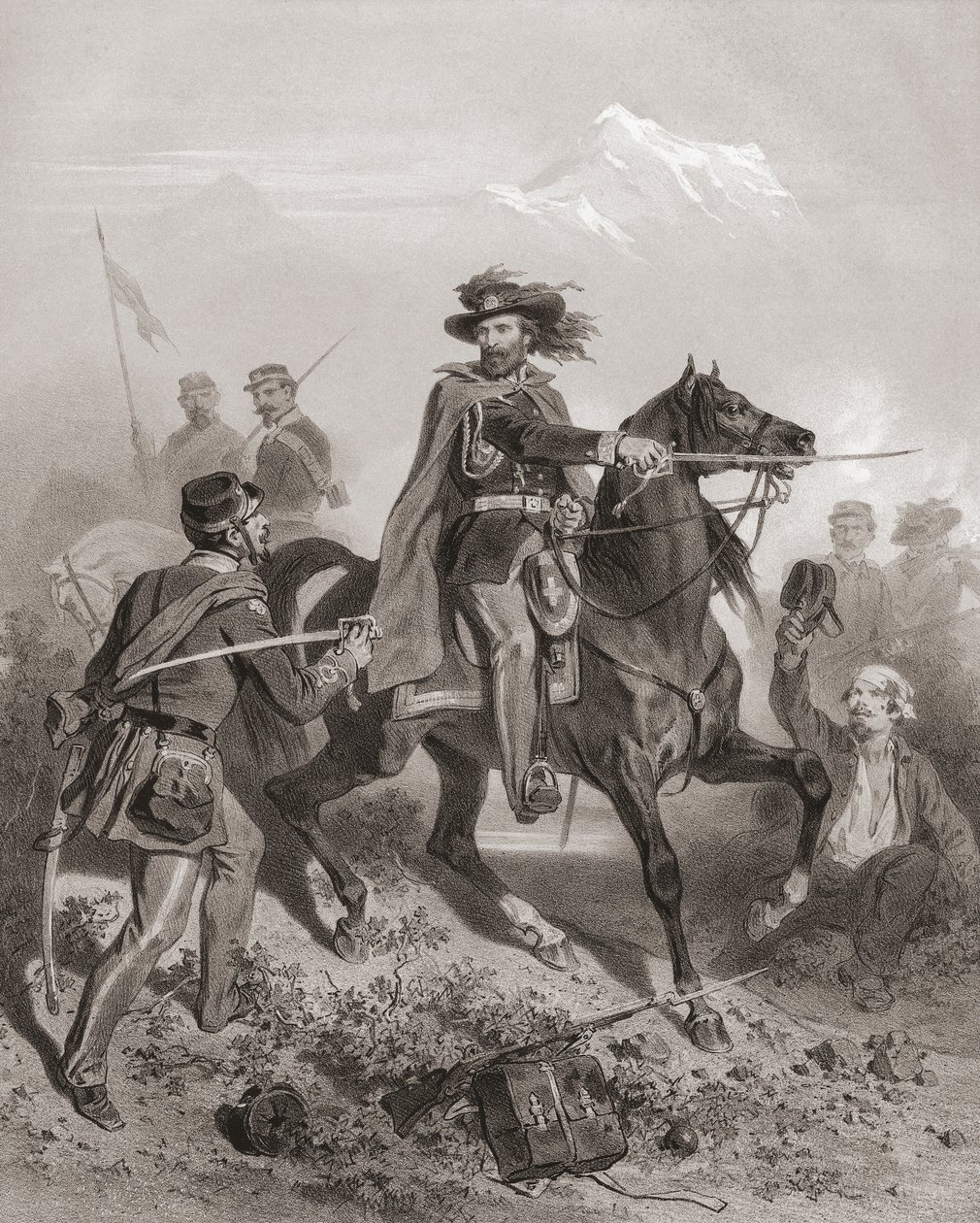 Giuseppe Garibaldi Varesen taistelussa. (Tulosta) tekijältä Adolphe Jean Baptiste (after) Bayot