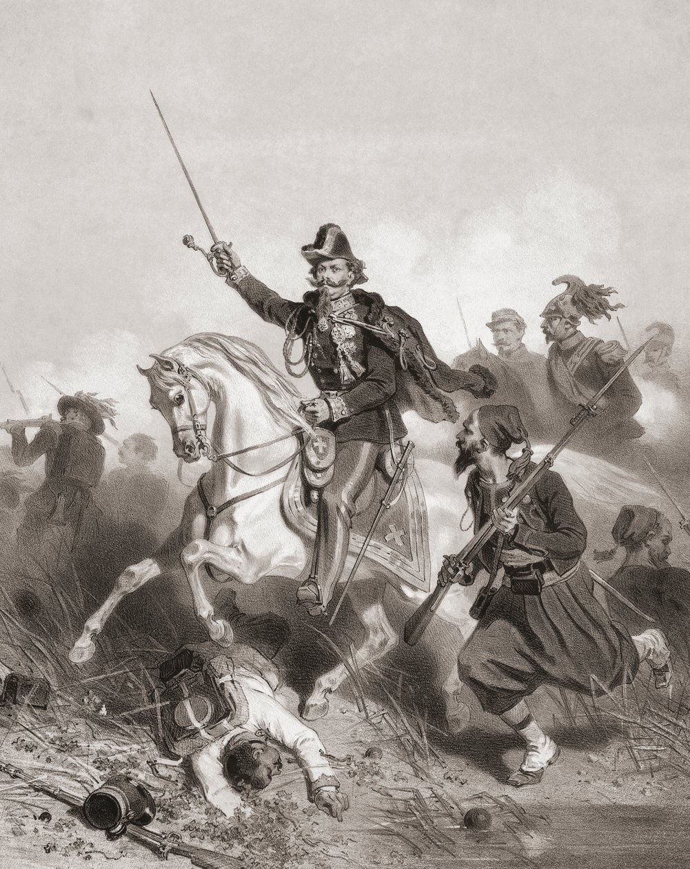 Kuningas Victor Emmanuel II Palestron taistelussa (tulostus) tekijältä Adolphe Jean Baptiste (after) Bayot