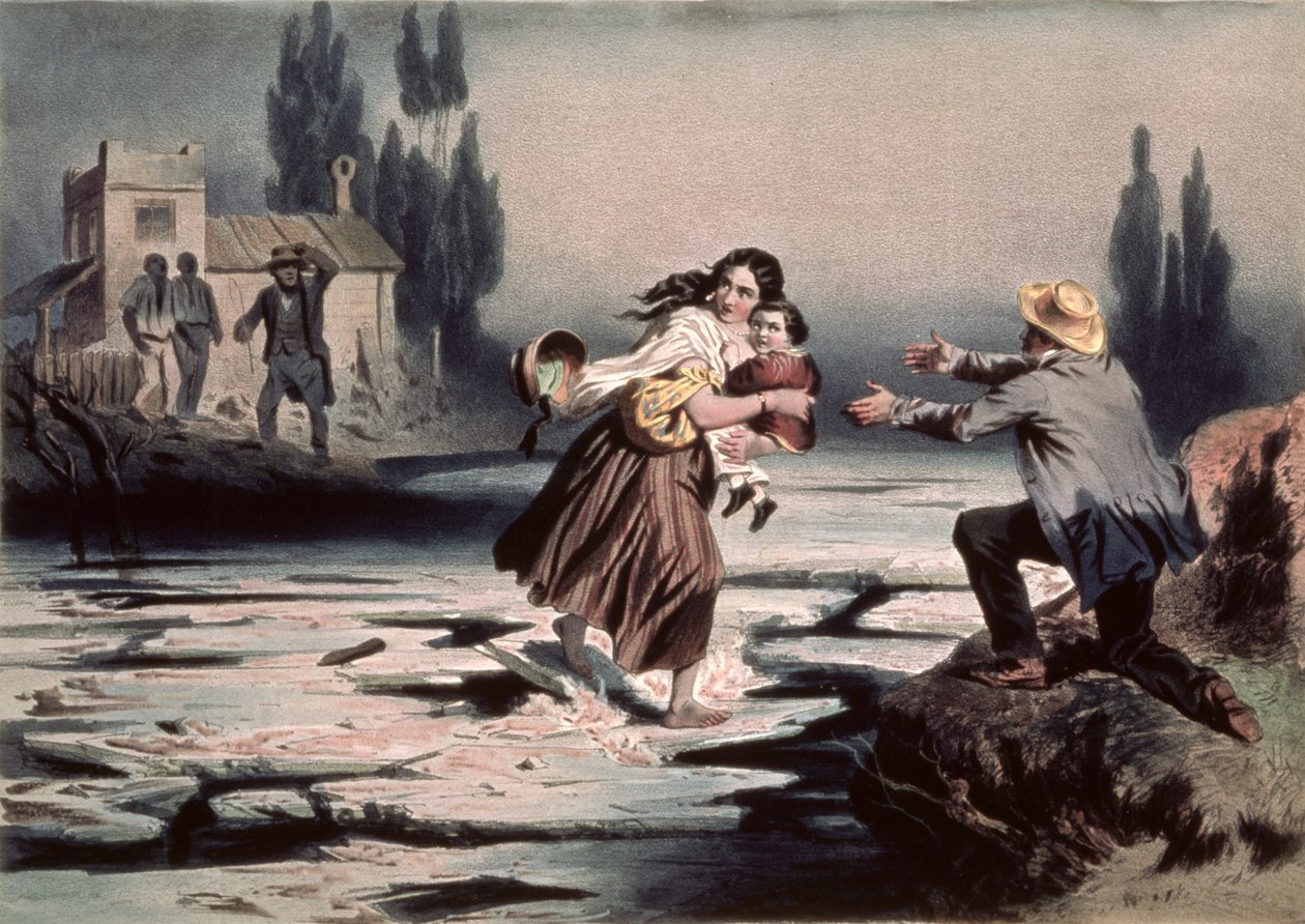 Eliza ylittämässä Ohio-joen jäälautat vapauteen, kuvitus Harriet Beecher Stowen teoksesta "Uncle Tom