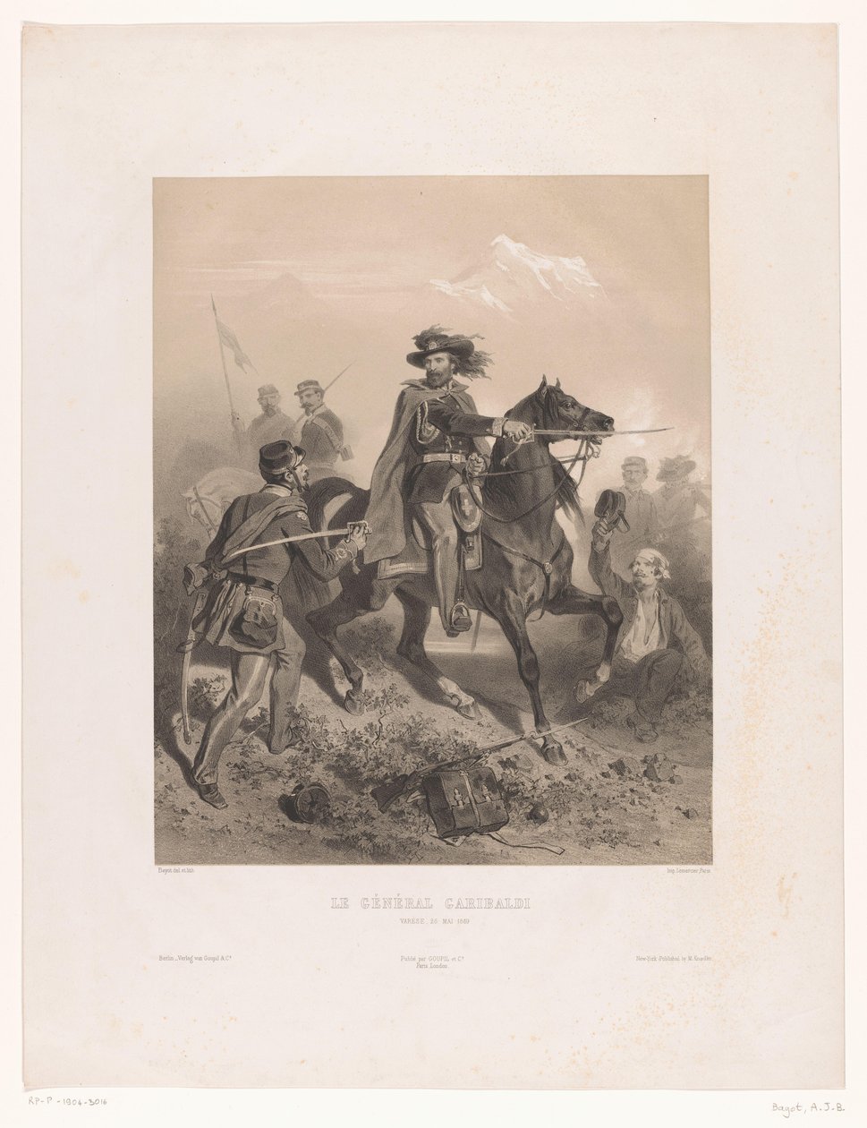 Kenraali Giuseppe Garibaldi komentajana Varesen taistelussa Le General Garibaldi (nimi esineessä) tekijältä Adolphe Jean Baptiste Bayot