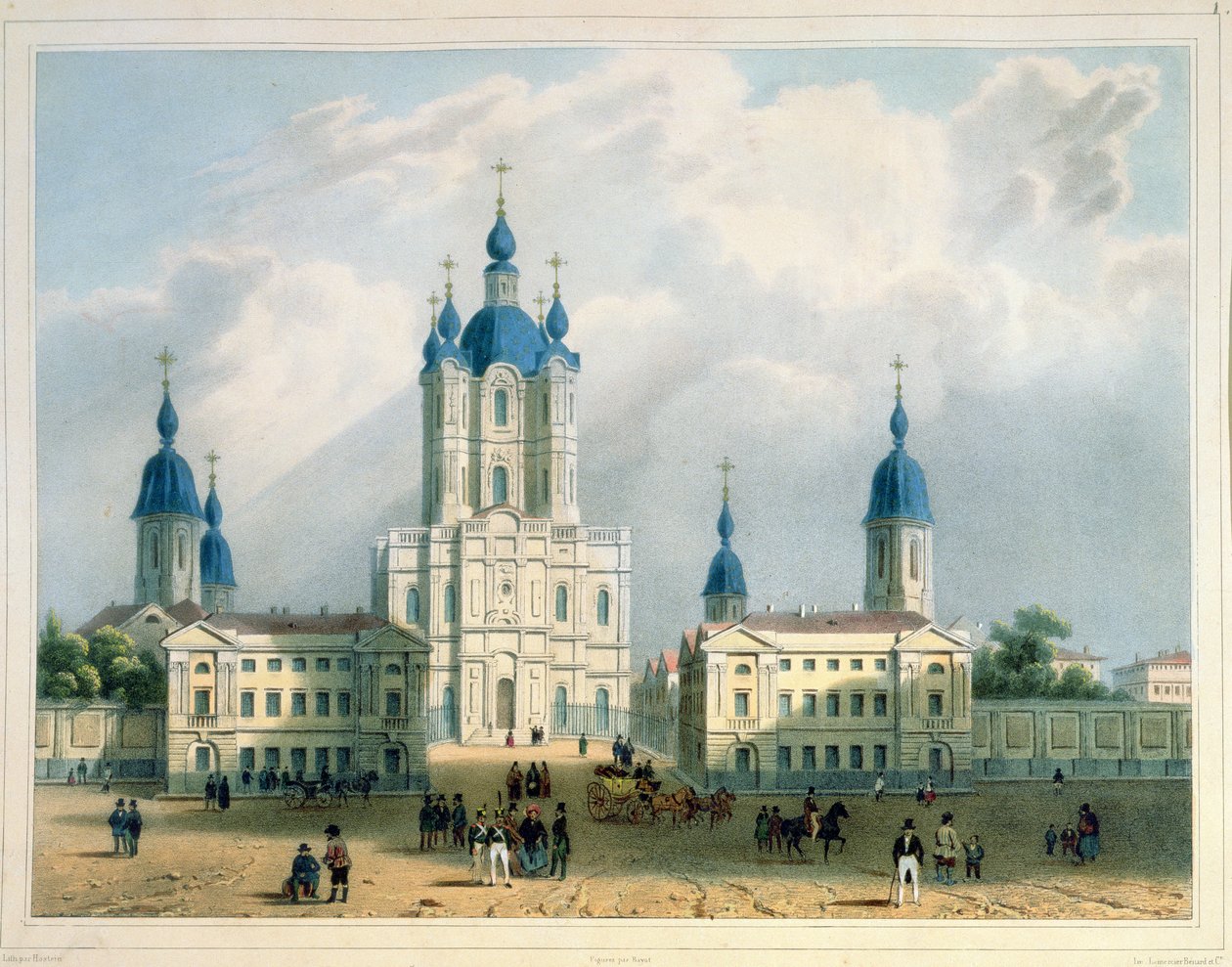 Smolny-luostari Pietarissa, paina Edouard Jean-Marie Hostein (1804-89), julkaisija Lemercier, Pariisi, 1840-luku (värilitografia) tekijältä Adolphe Jean Baptiste Bayot