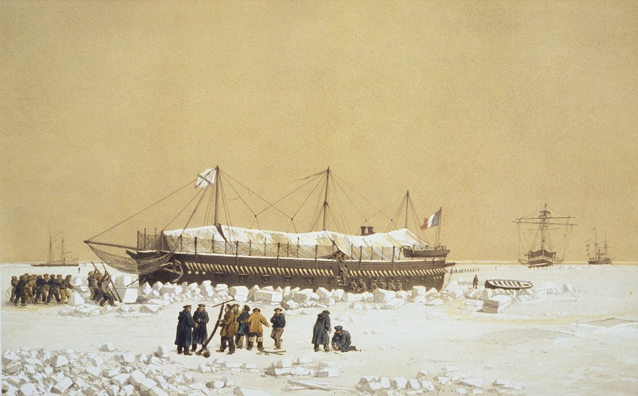 Kelluva akku La Tonnante jäässä ennen Kil-Bourounia, Nos Souvenirs de Kil-Bourounista LHiver Passe dans Le Liman du Dnieperin aikana, 1855-56, kaiverrus Eugene Ciceri (1813-90), julkaistu n. 18 tekijältä Adolphe Jean Baptiste Bayot and Antoine Leon Morel Fatio