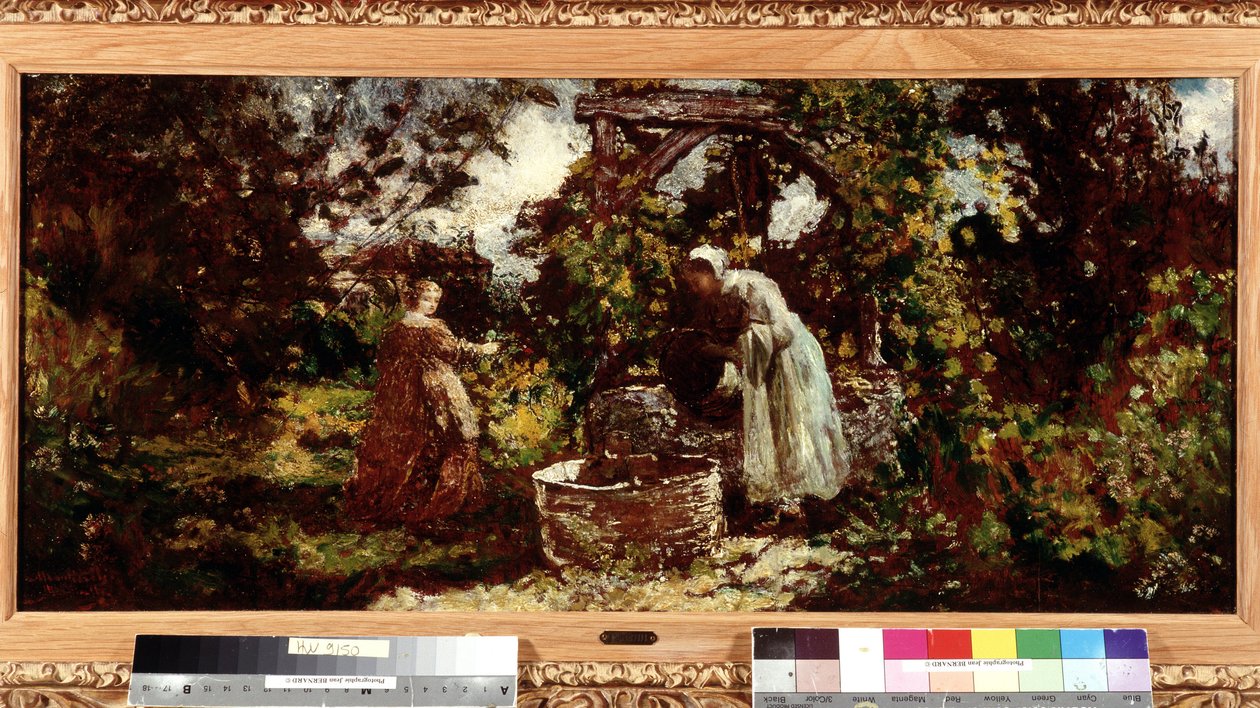 Elegantti ja hänen piika kaivolla Maalaus Adolphe Monticelli (1824-1886) Dim. 34,5x69,5 cm Pakollinen maininta: Kokoelman perusterveiset Provence, Marseille tekijältä Adolphe Joseph Thomas Monticelli