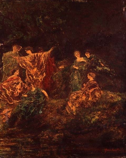 Fete Galante, n. 1870 (öljy paneelille) tekijältä Adolphe Joseph Thomas Monticelli