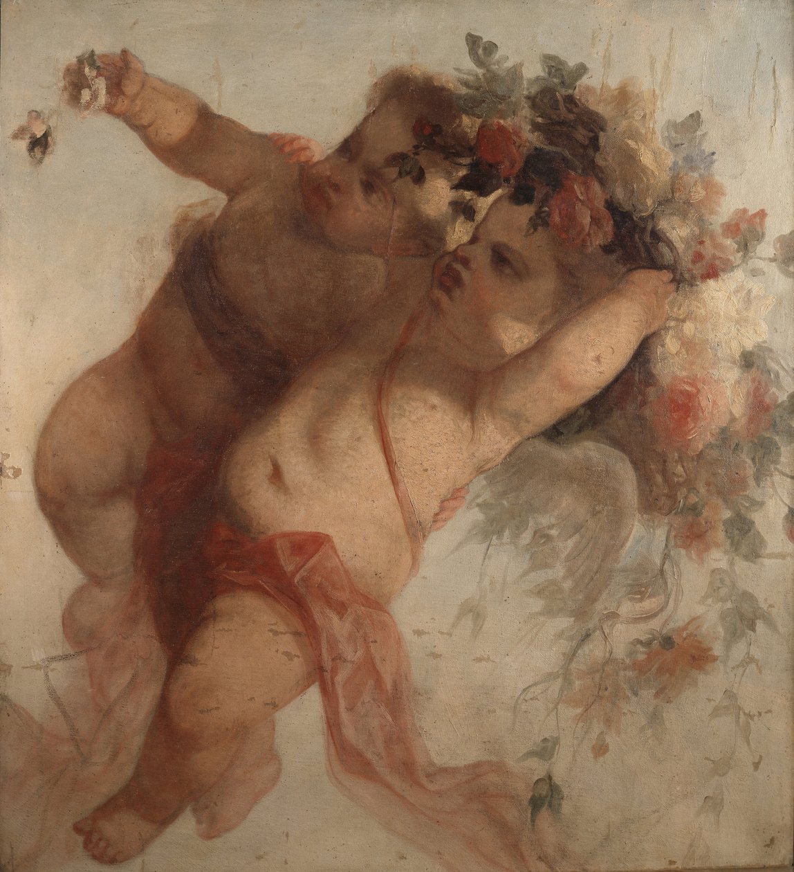 Rakkausmuusikko, fragmentti Adolphe Monticellin (1824-1886) maalauksen Eldorado-koristeesta Koko 100x90 cm Musee Grobet-Labadie tekijältä Adolphe Joseph Thomas Monticelli