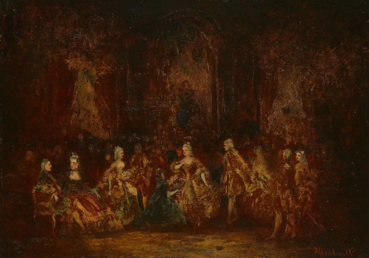 Henkilöt Ludvig XV:n puvuissa, noin 1880 (öljy kehdelletulle paneelille). tekijältä Adolphe Joseph Thomas Monticelli
