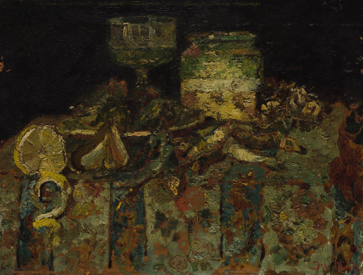 Asetelma: osterit, kalat, c. 1880 tekijältä Adolphe Joseph Thomas Monticelli