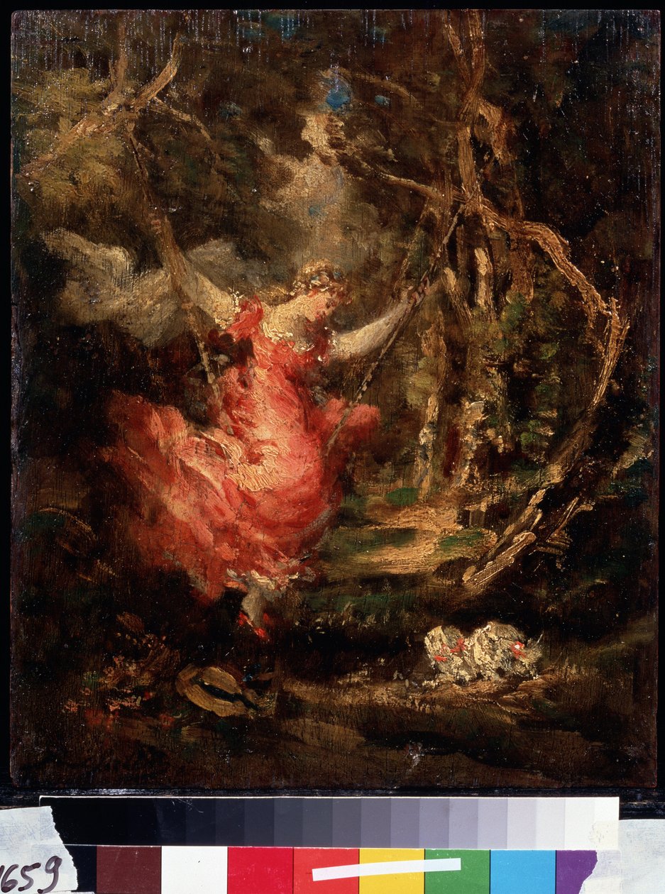 "Sur la balancoire" (keinussa) Adolphe-Thomas-Joseph (Adolphe Thomas Joseph) Monticellin (1824-1886) maalaus. Öljy puulle. Pushkin-museo, Moskova tekijältä Adolphe Joseph Thomas Monticelli