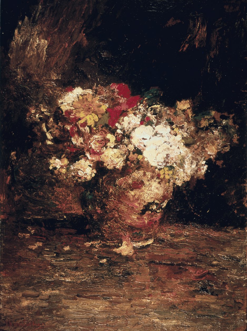 Kukkimaljakko, n. 1880 (öljy paneelille) tekijältä Adolphe Joseph Thomas Monticelli