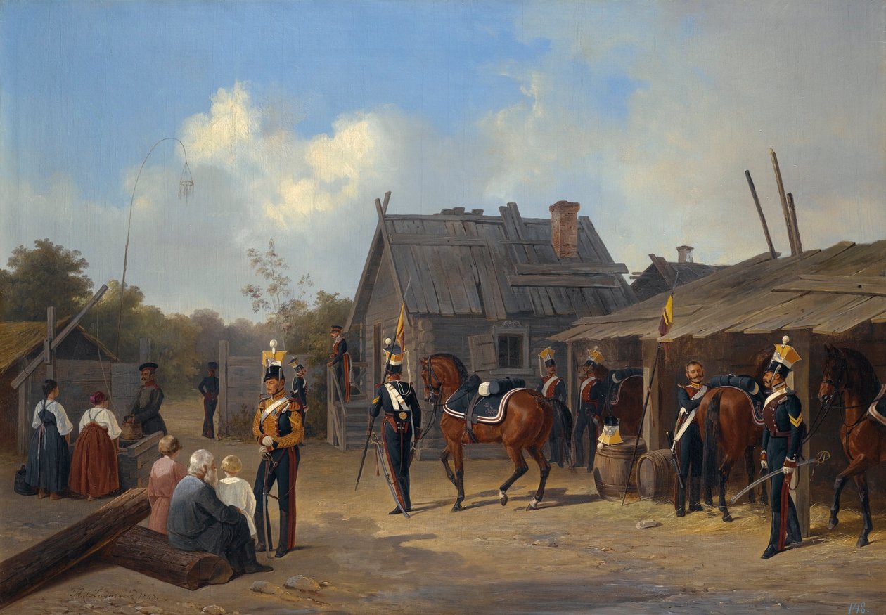 ""Sotiers Bivouac In A Village"" (Sotiers bivouaking in a Village) Adolphe Ladurnerin (1798-1856) maalaus tekijältä Adolphe Ladurner