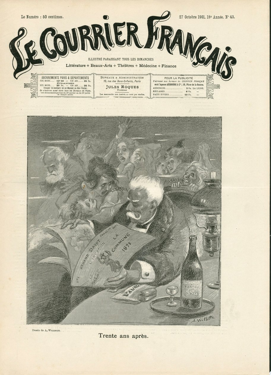 Kansi "" Le Courrier francais"", numero 43, Satirical in B & W tekijältä Adolphe Leon Willette