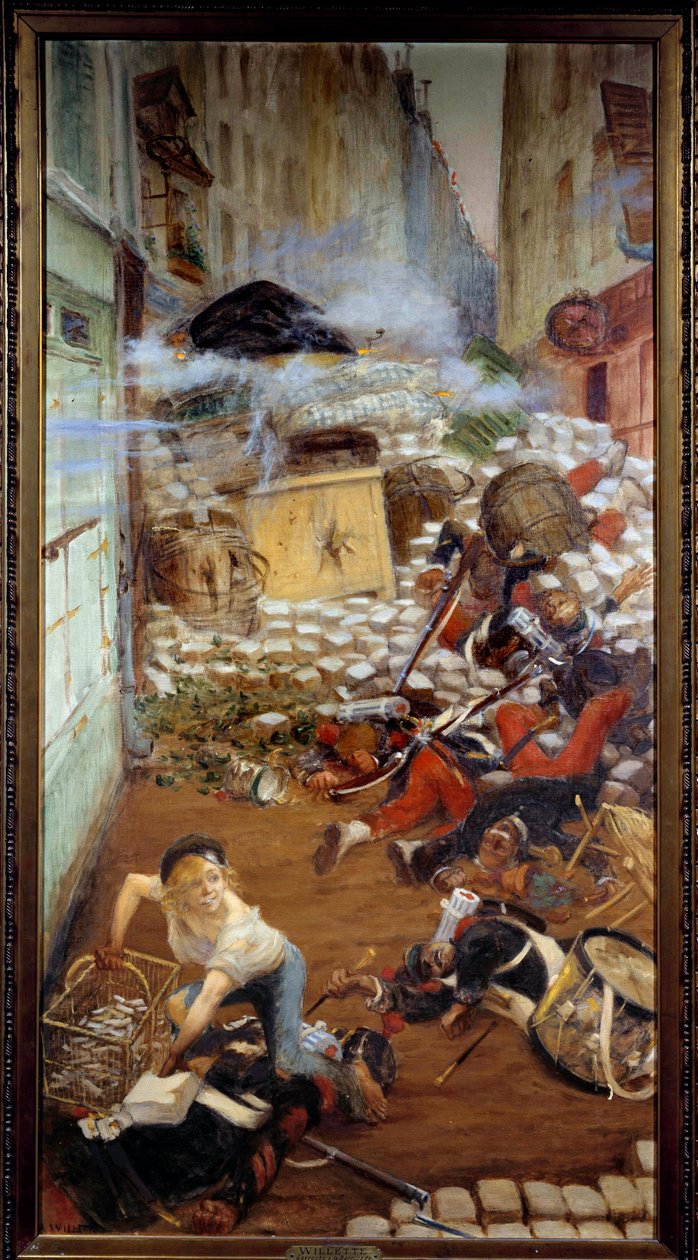 Gavrochella on barrikadikuva Victor Hugon (1802-1885) "Onnettomista". Adolphe Willetten (1857-1926) maalaus 1800-luvun Pariisi, Victor Hugon talo tekijältä Adolphe Leon Willette