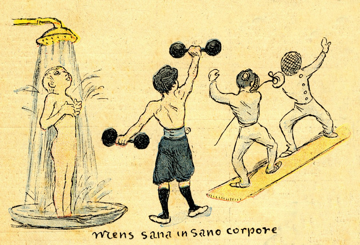 Hygienia ja urheilu. "Mens sana in sano corpore". A. Wiletten piirros Depeche de Toulousen kuvaliitteessä nro 41, 12. lokakuuta. tekijältä Adolphe Leon Willette
