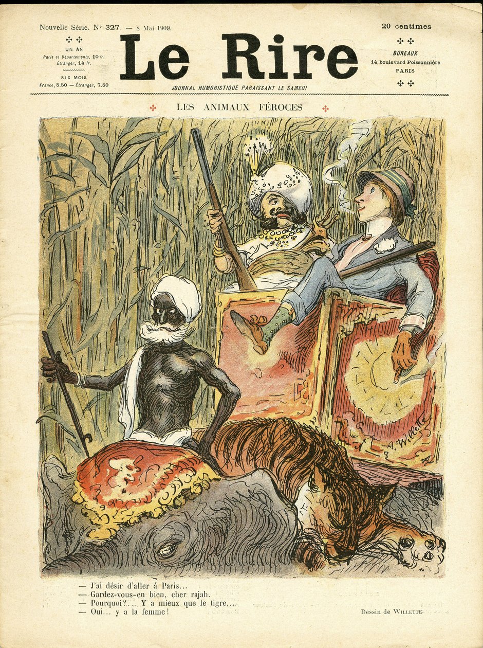 Kuvitus: Adolphe dit Willette (1857-1926) Naurujen kanteen, 08.5.2009 - Raivokkaat eläimet - Antifeminismi, Harrastukset, Metsästysmetsästäjät, Intia, Englantilainen Intia, Eläimet - Elefantti, Naiset, Tiikeri tekijältä Adolphe Leon Willette