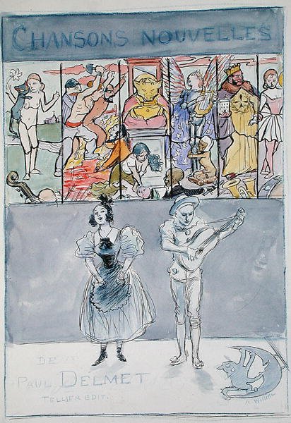 Kuvitus Henri Tellierin julkaisemaan teokseen "New Songs of Paul Delmet", n. 1895 (värilitografia). tekijältä Adolphe Leon Willette