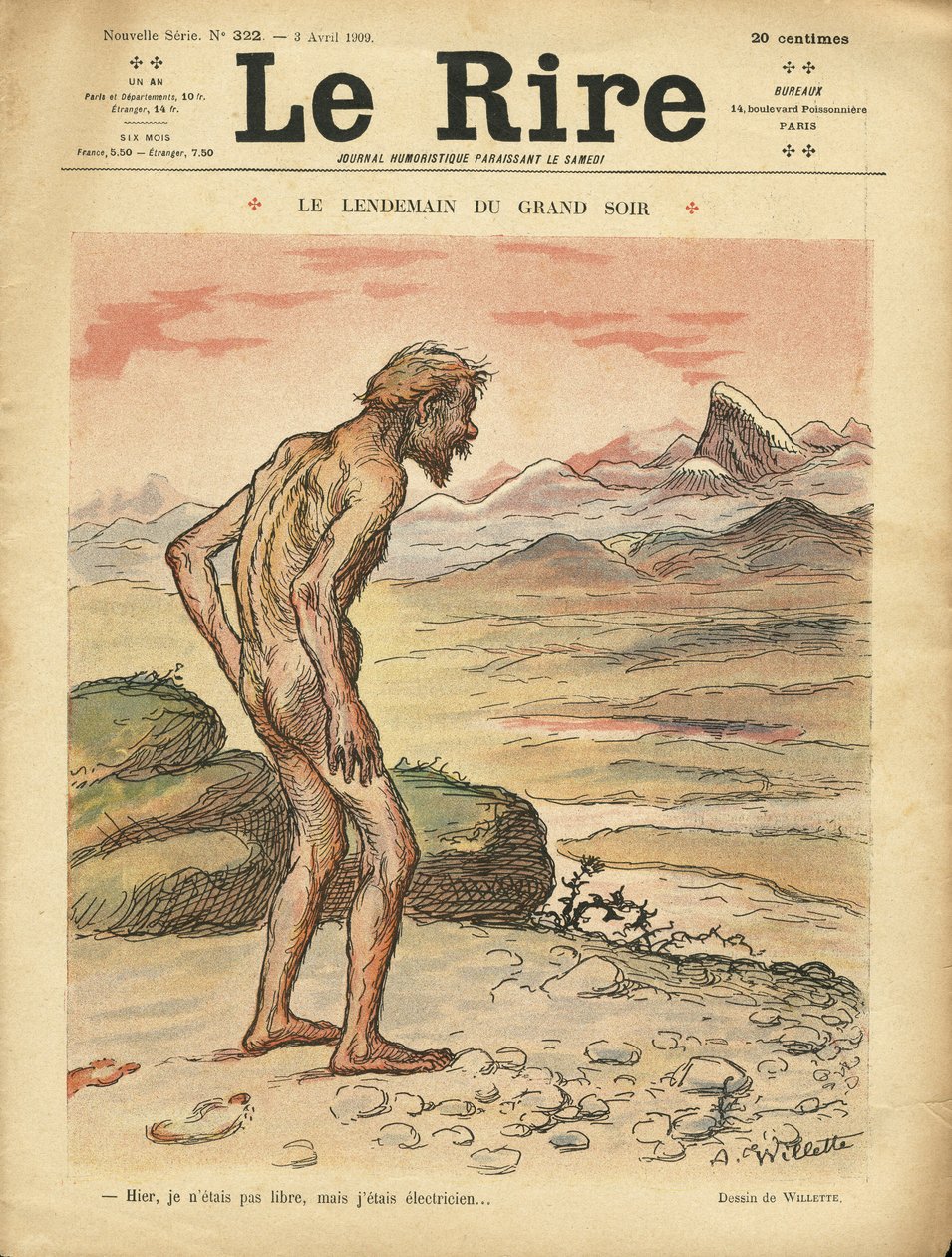 Kuva Adolphe dit Willettesta (1857-1926) Le Liren kanteen, 03.04.09 - Le next day du grand soir - Sosiaalinen, esihistoria, kollektivismi - nudite tekijältä Adolphe Leon Willette