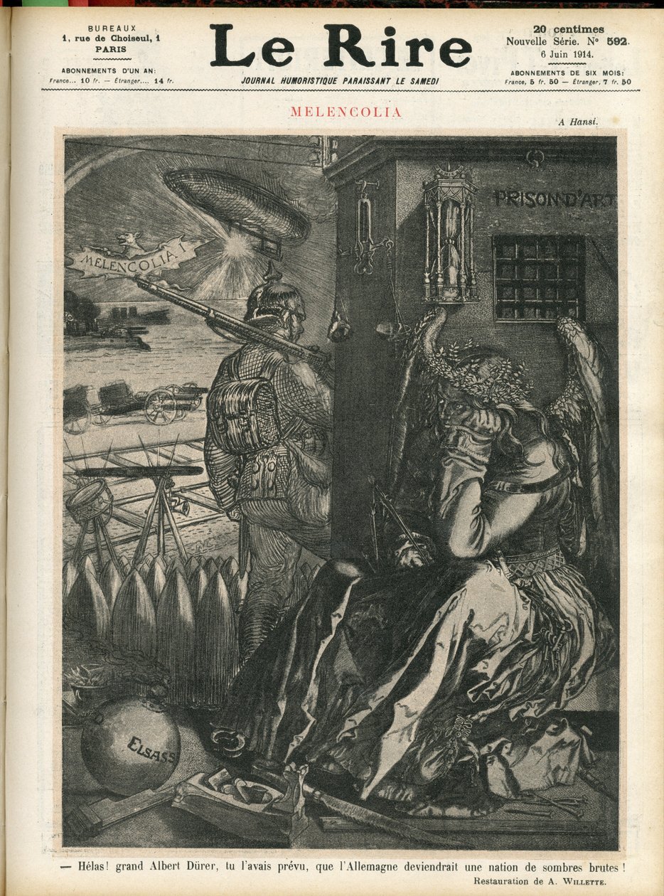 Kuva Adolphe dit Willettesta (1857-1926) Le Liren kanteen, 6.6.2014 - "" Helas, suuri Albert Durer, olit ennustanut, että Saksasta tulee synkkien raakojen maa! "" - Melancolia - Sota, Saksa Preussi - Durer tekijältä Adolphe Leon Willette