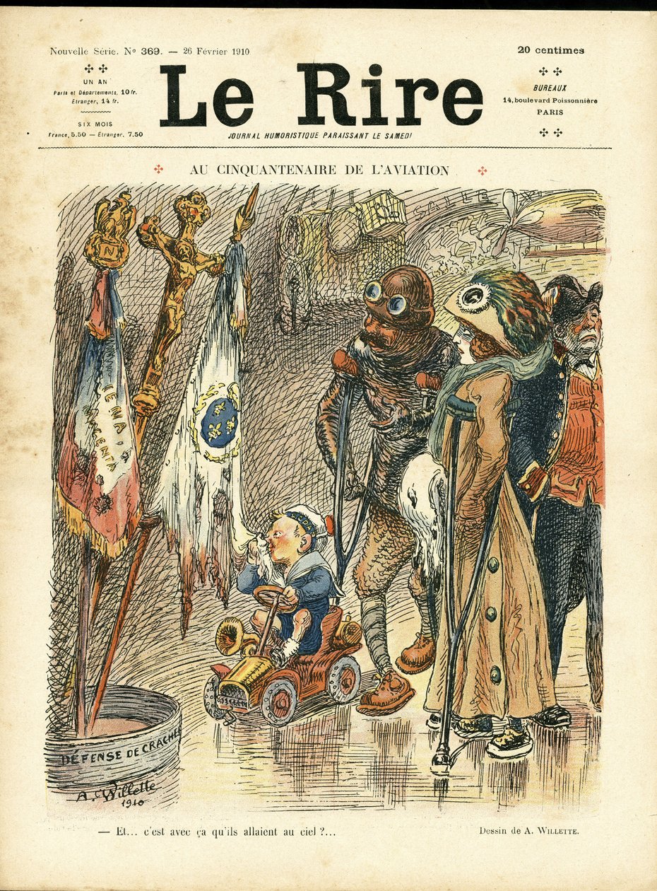 Kuva Adolphe dit Willettesta (1857-1926) Le Riren kanteen, 26.02.10 - Ilmailun 50-vuotispäivänä - Ilmailu, muoti, hattu, onnettomuudet katastrofit tekijältä Adolphe Leon Willette