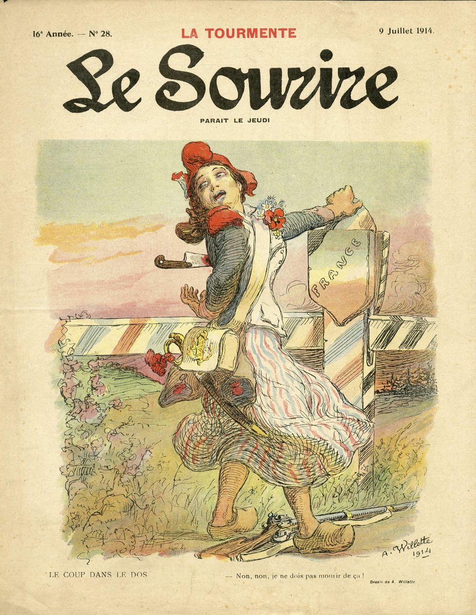 Kuva Adolphe dit Willettesta (1857-1926) Le Smilen kanteen, nro 28, 09.7.14 - Isku selkään - Nationalismi, Ranskan vallankumous, 14-18-vuotiaiden ensimmäisten hiirten sota, Rajat - Marianne tekijältä Adolphe Leon Willette