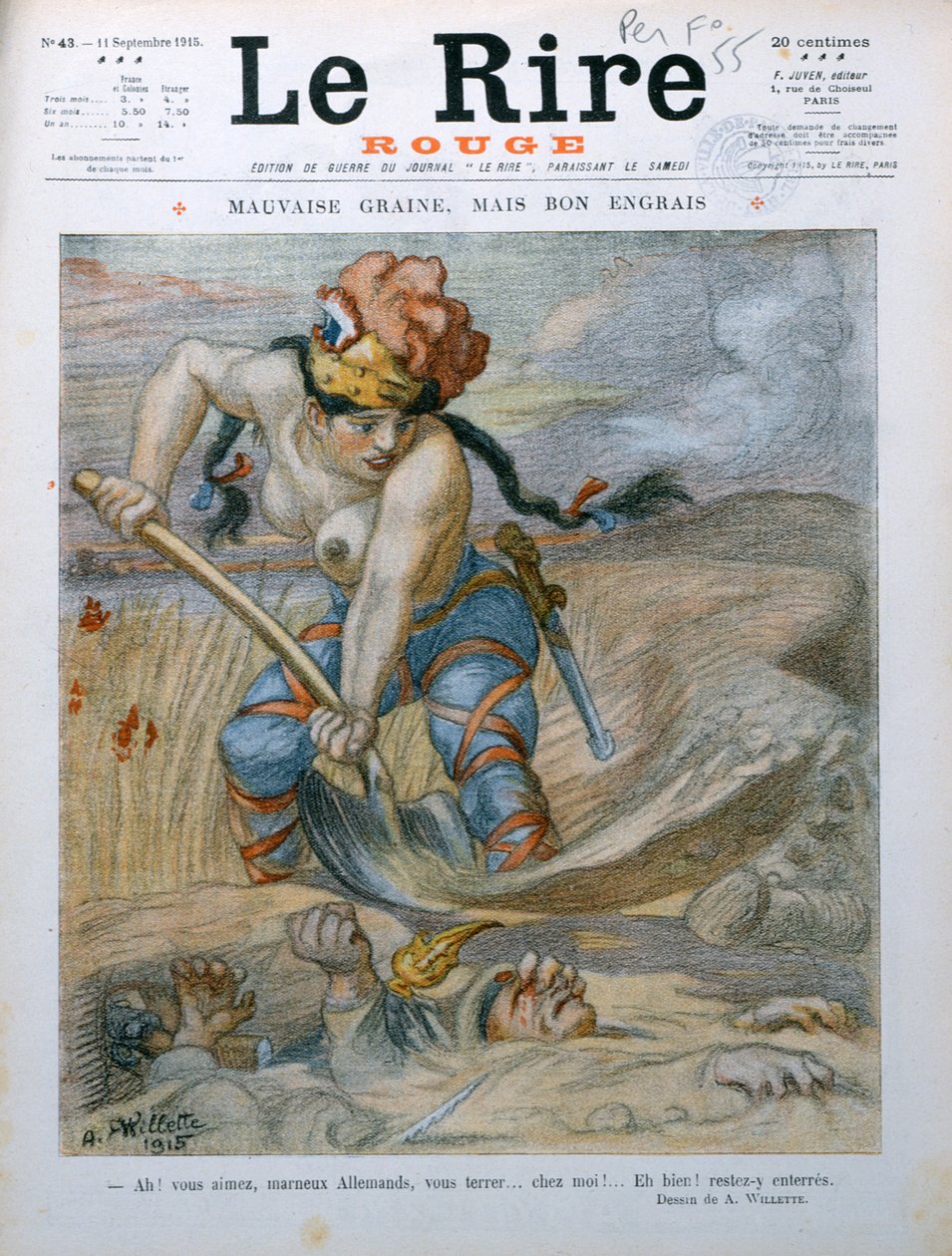 Marianne hautaamassa saksalaisia sotilaita Marnen juoksuhaudoihin, karikatyyri Le Rire Rouge -lehdestä, 11. syyskuuta 1915 tekijältä Adolphe Leon Willette