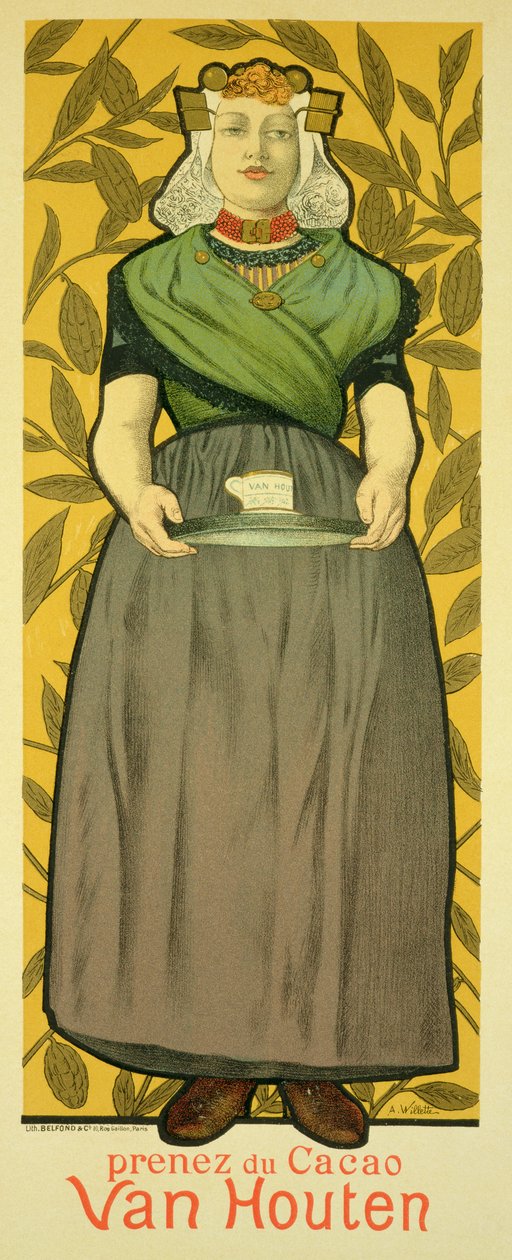 Jäljennös julisteesta, jossa mainostetaan "Van Houten Cocoa", 1893 tekijältä Adolphe Leon Willette