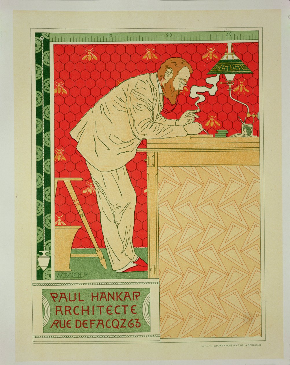 Jäljennös julisteesta, joka mainostaa "Mr Paul Hankar, Architect", Rue Defacqz, 1894 tekijältä Adolphe Louis Charles Crespin