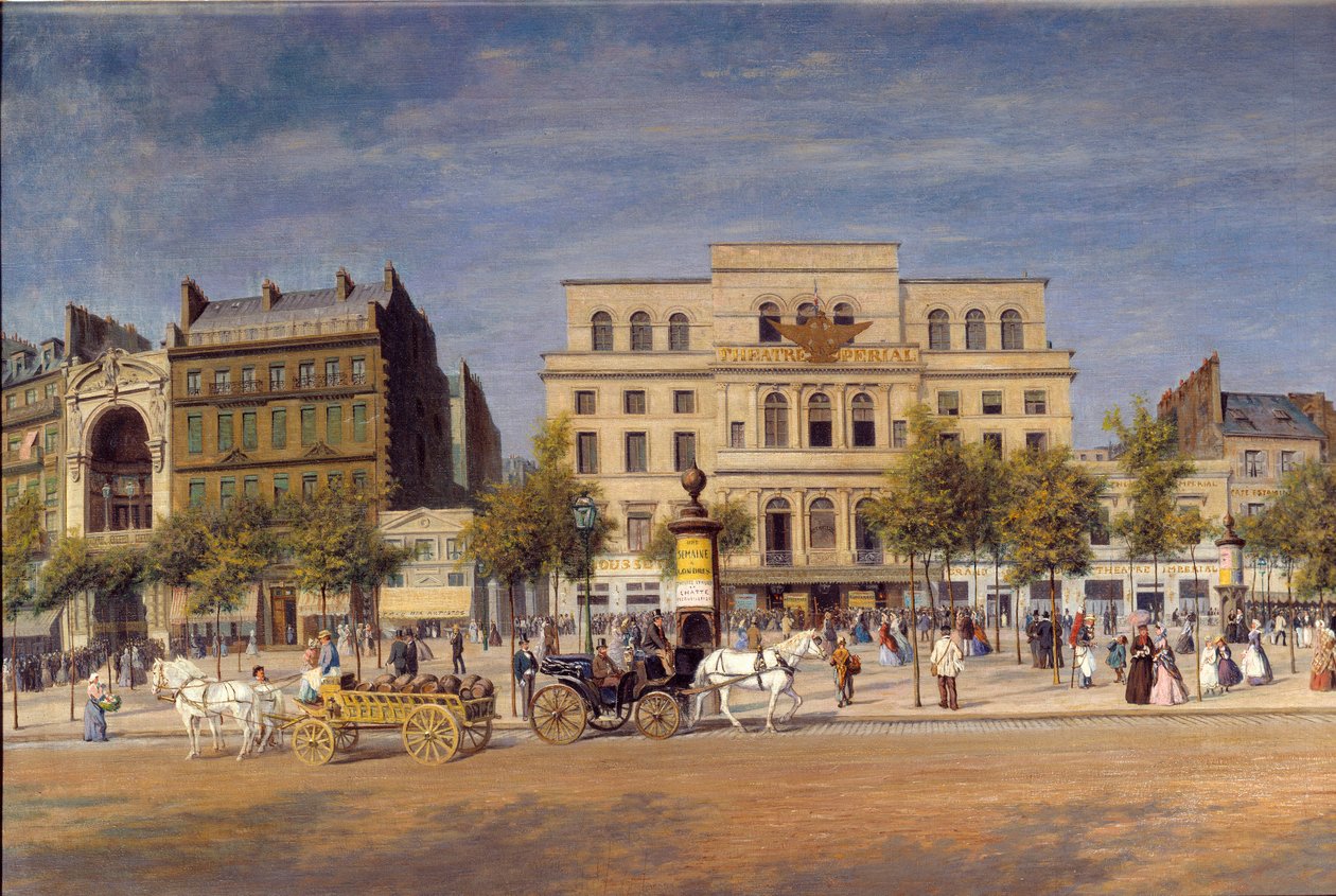 Yleiskuva boulevard du templen teattereista ennen Boulevard Prince Eugenen lävistystä, yksityiskohta Pariisin Calechesista Imperial Theatre -teatterin edessä. Adolphe Potemontin (1828-1883) maalaus tekijältä Adolphe Martial Potemont