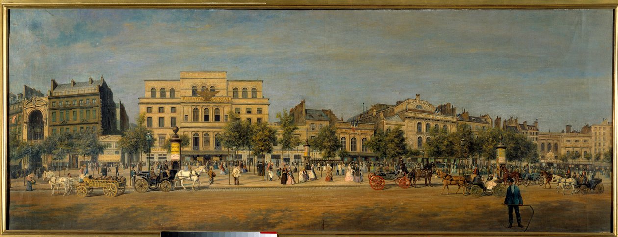 Pariisin muunnoksia toisen imperiumin alaisuudessa, Haussmann Paris: "" Yleiskuva Boulevard du Templen teattereista (Gaite, Imperial) ennen Boulevardin Prince Eugenen (nykyinen boulevard Voltaire) lävistystä"" Adolphe Potemontin maalaus ( tekijältä Adolphe Martial Potemont